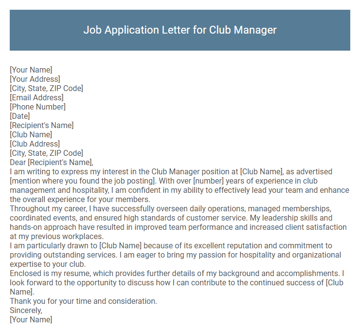 Job Application Letter for Club Manager