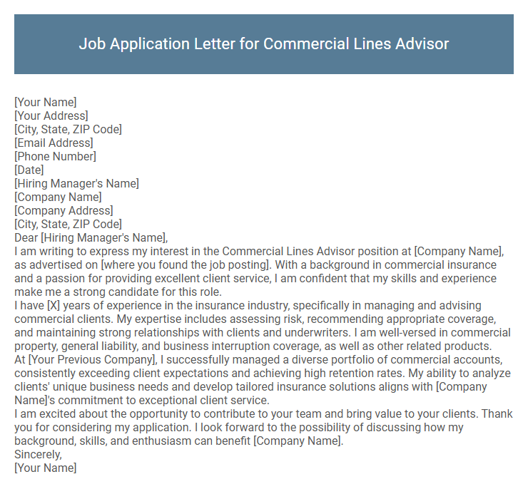 Job Application Letter for Commercial Lines Advisor