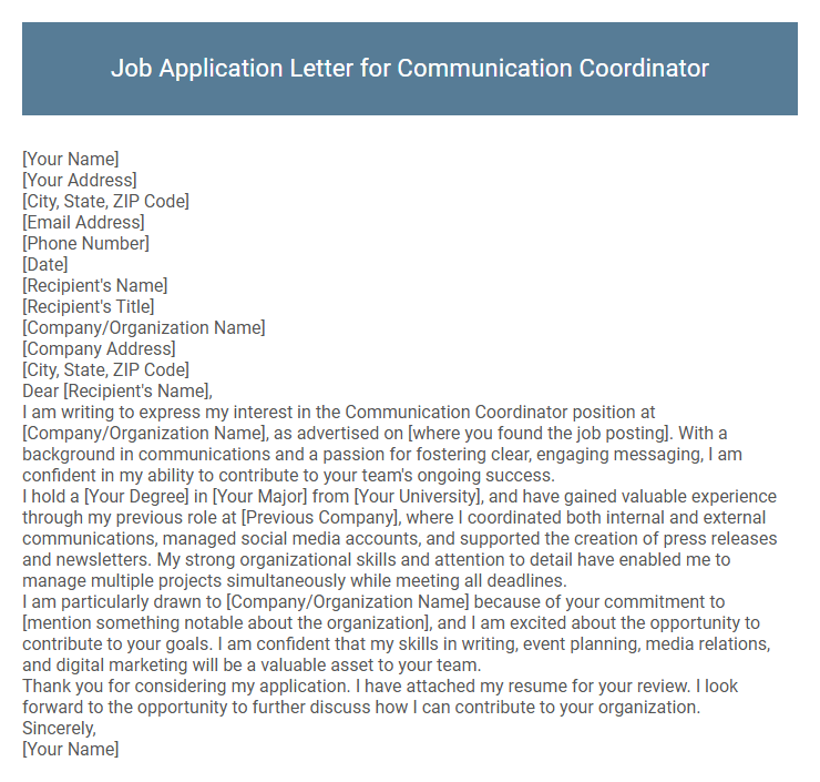 Job Application Letter for Communication Coordinator