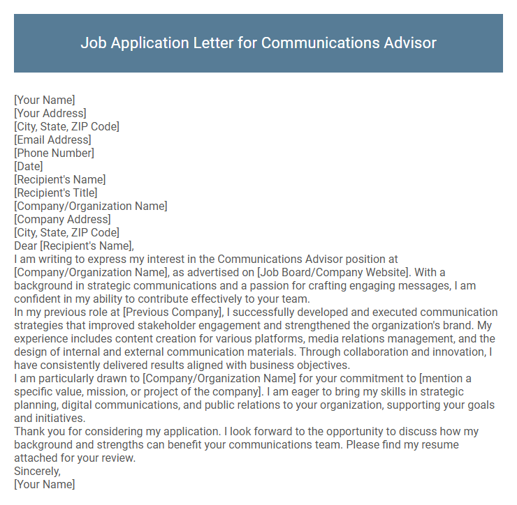 Job Application Letter for Communications Advisor