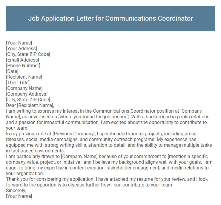 Job Application Letter for Communications Coordinator