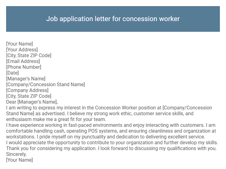 Job application letter for concession worker