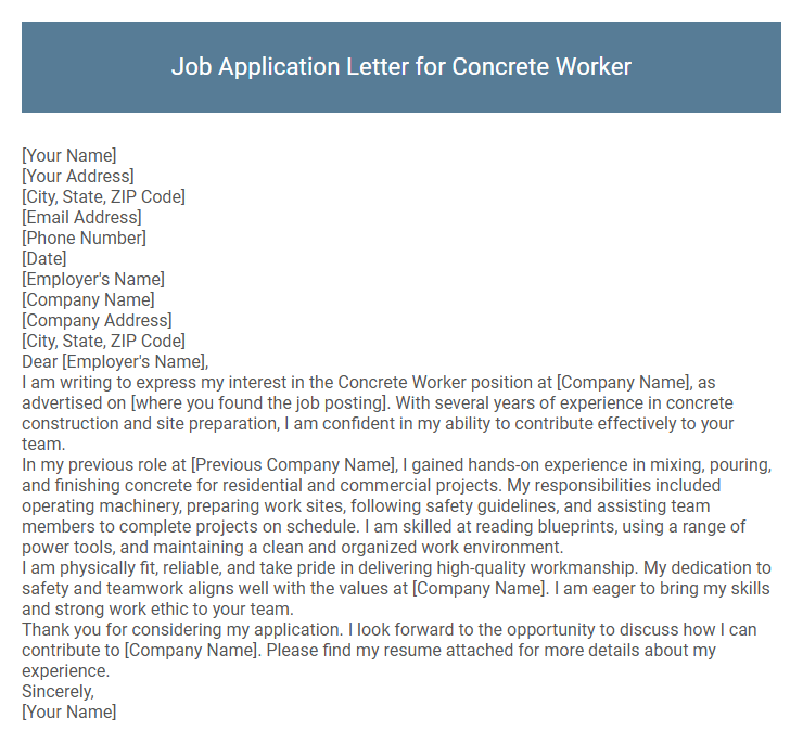 Job Application Letter for Concrete Worker