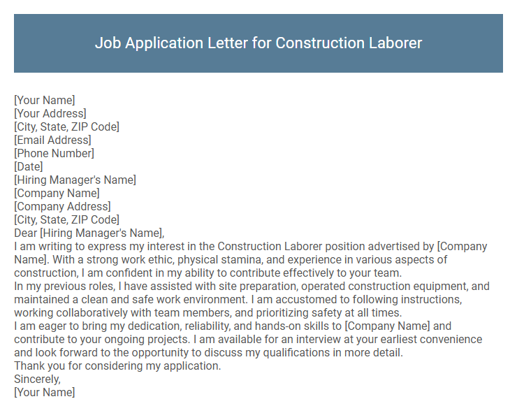 Job Application Letter for Construction Laborer