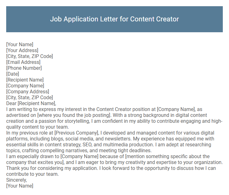 Job Application Letter for Content Creator