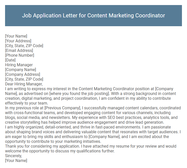 Job Application Letter for Content Marketing Coordinator