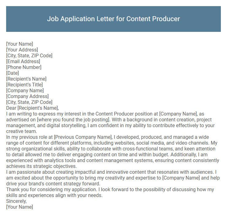 Job Application Letter for Content Producer