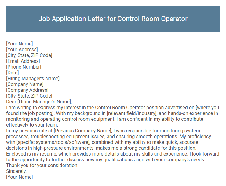 Job Application Letter for Control Room Operator