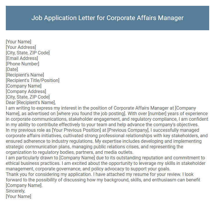 Job Application Letter for Corporate Affairs Manager