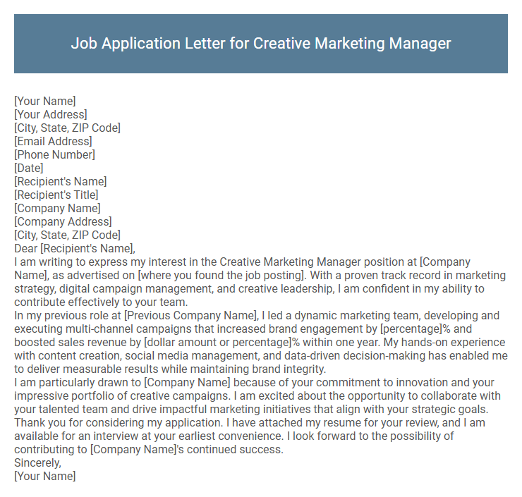 Job Application Letter for Creative Marketing Manager