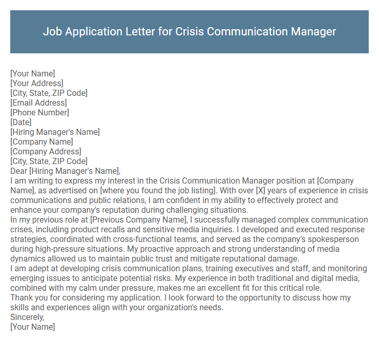 Job Application Letter for Crisis Communication Manager
