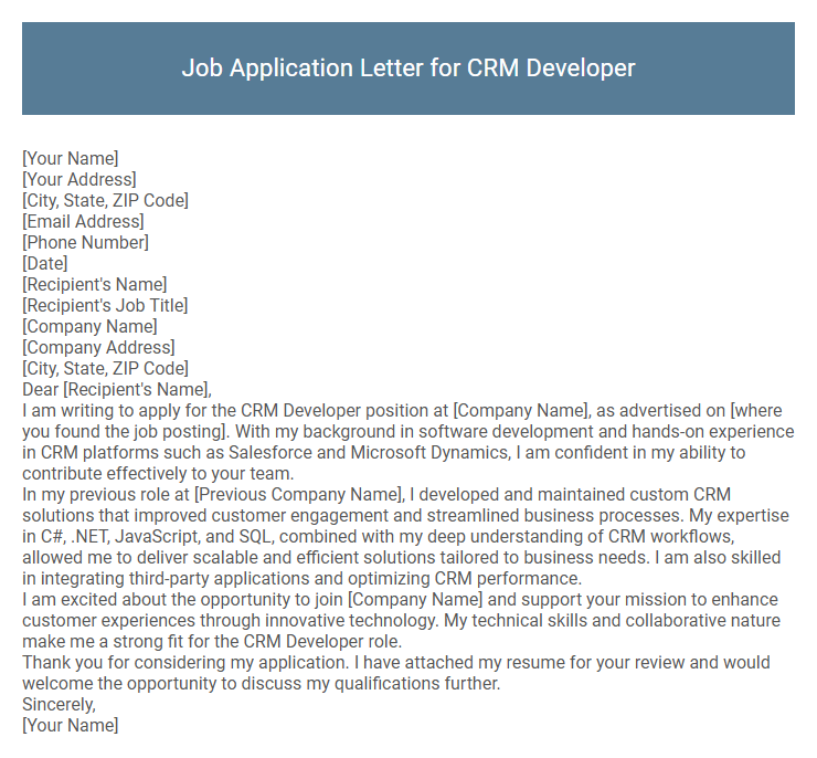 Job Application Letter for CRM Developer
