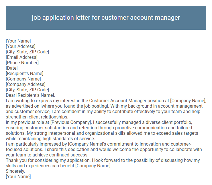 job application letter for customer account manager