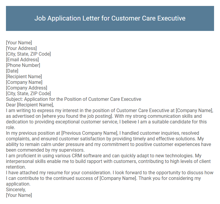 Job Application Letter for Customer Care Executive