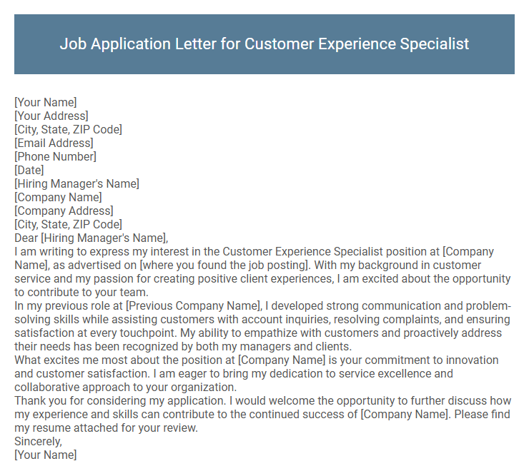 Job Application Letter for Customer Experience Specialist