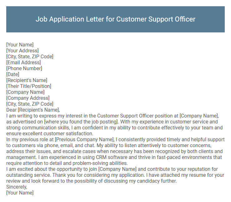 Job Application Letter for Customer Support Officer