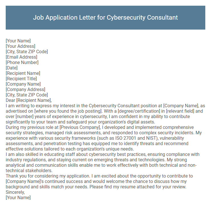 Job Application Letter for Cybersecurity Consultant