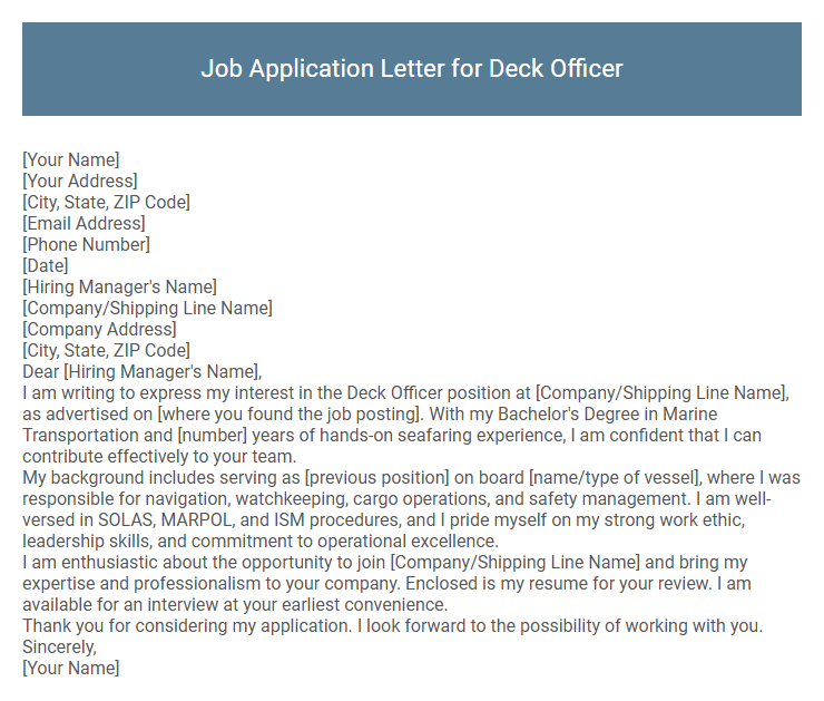 Job Application Letter for Deck Officer