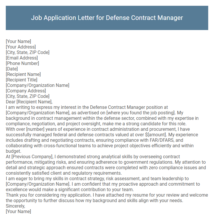 Job Application Letter for Defense Contract Manager