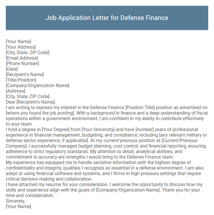 Job Application Letter for Defense Finance