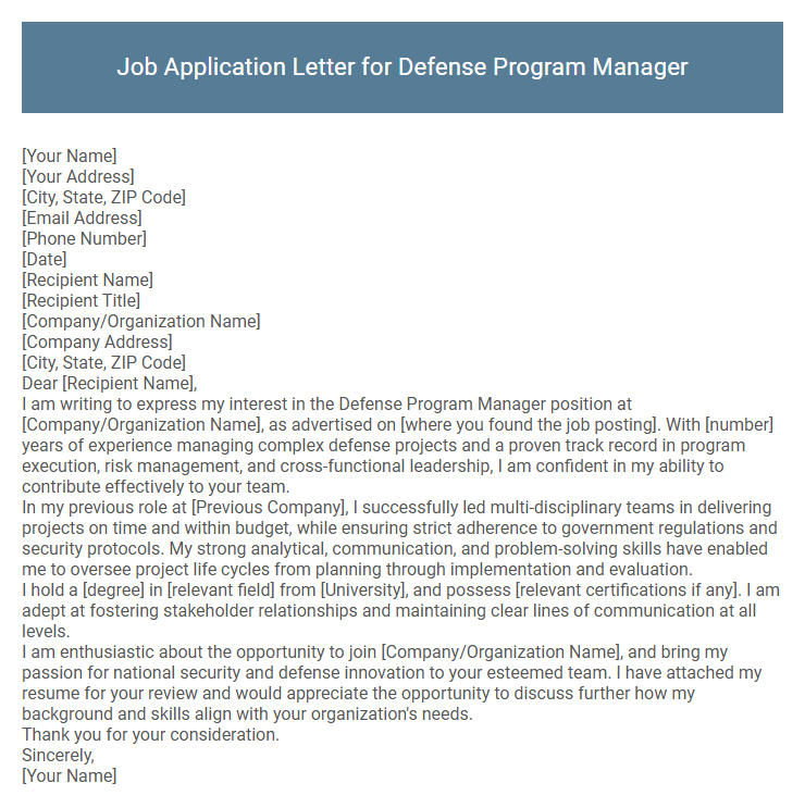 Job Application Letter for Defense Program Manager