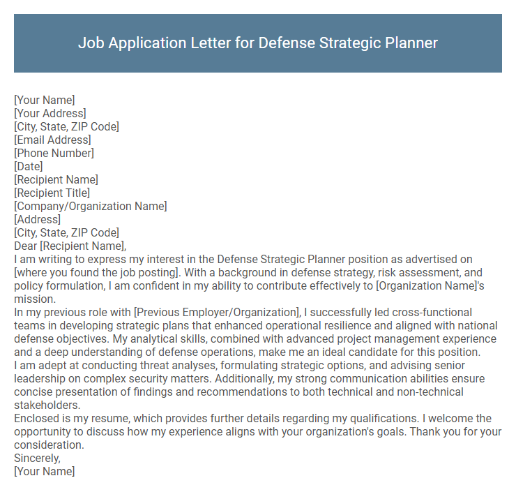 Job Application Letter for Defense Strategic Planner