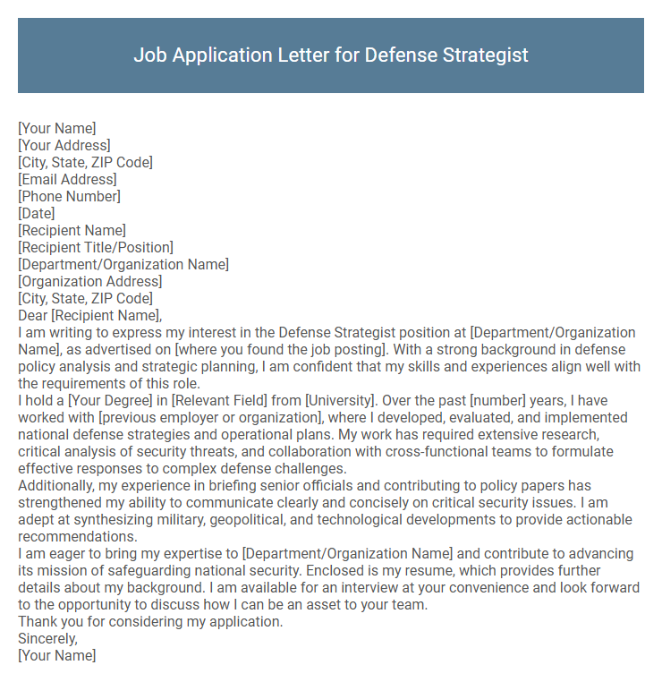 Job Application Letter for Defense Strategist