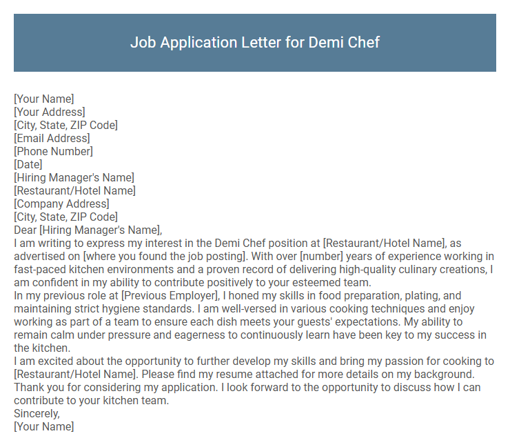 Job Application Letter for Demi Chef