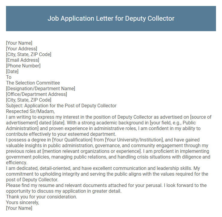 Job Application Letter for Deputy Collector