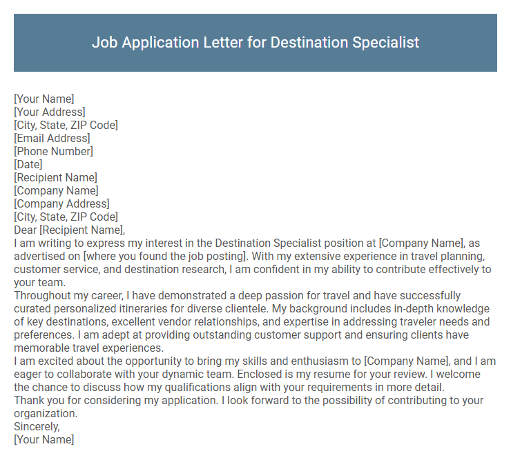 Job Application Letter for Destination Specialist
