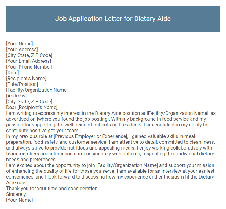Job Application Letter for Dietary Aide