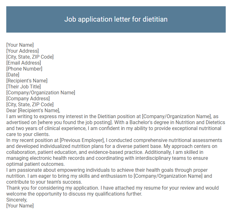 Job application letter for dietitian