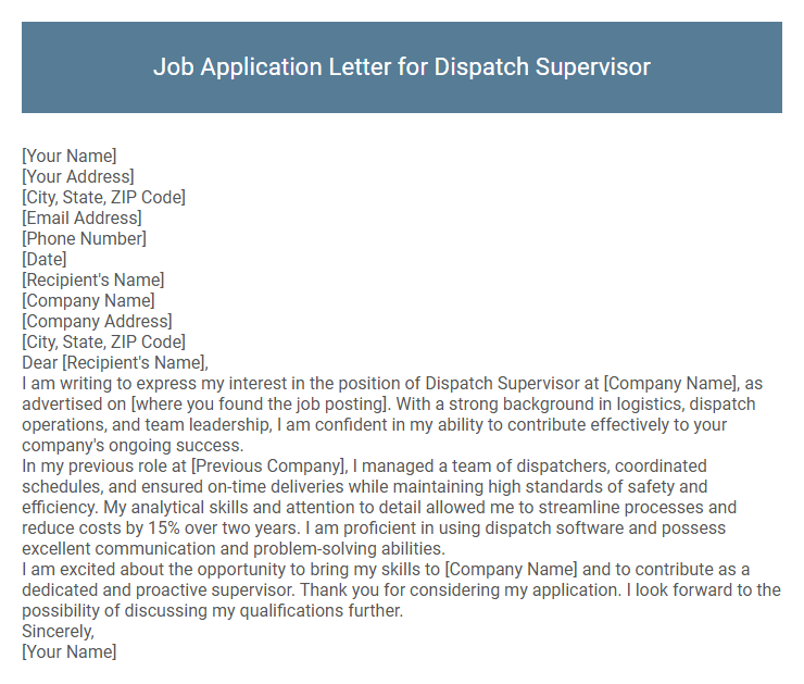 Job Application Letter for Dispatch Supervisor