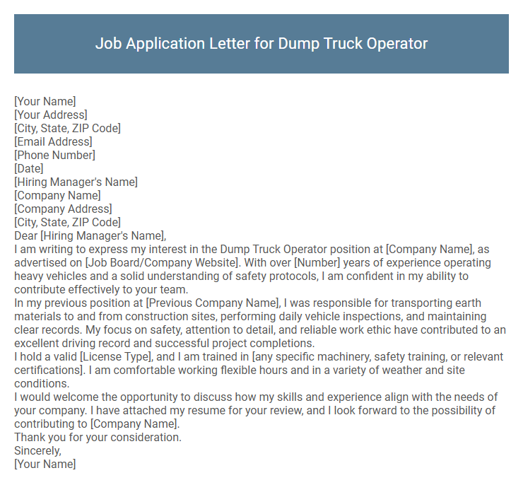 Job Application Letter for Dump Truck Operator