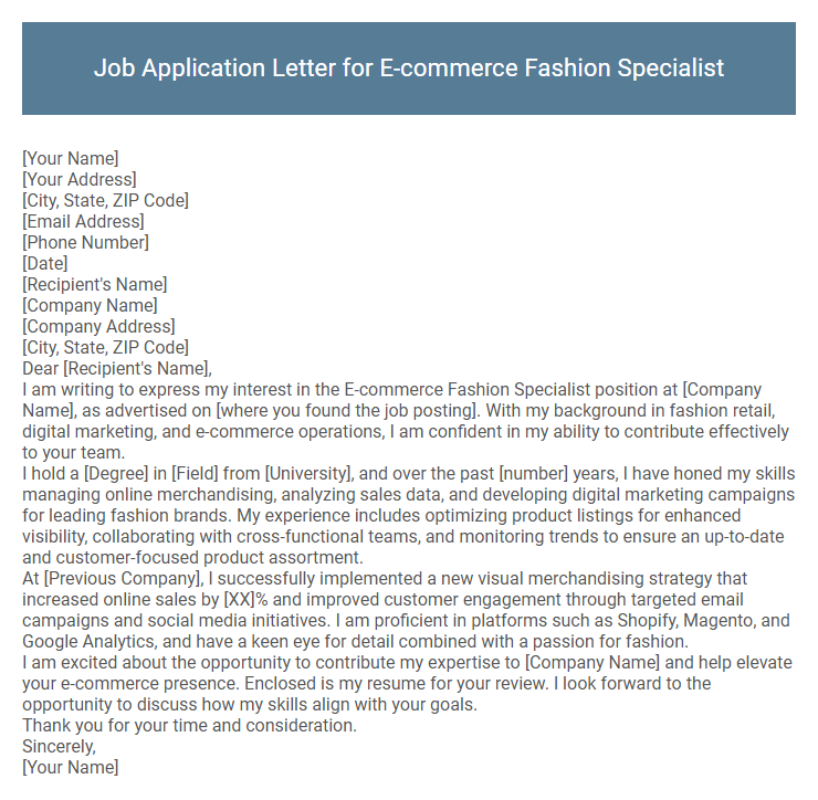 Job Application Letter for E-commerce Fashion Specialist