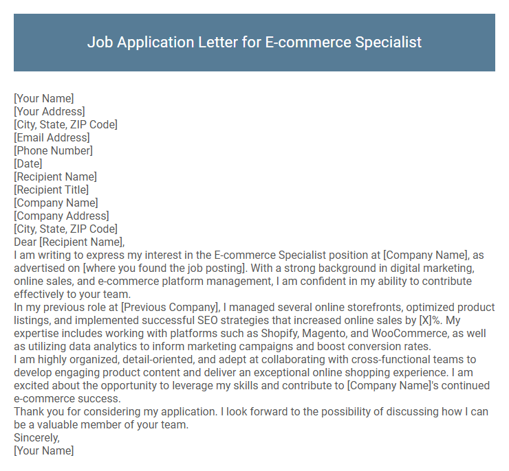 Job Application Letter for E-commerce Specialist