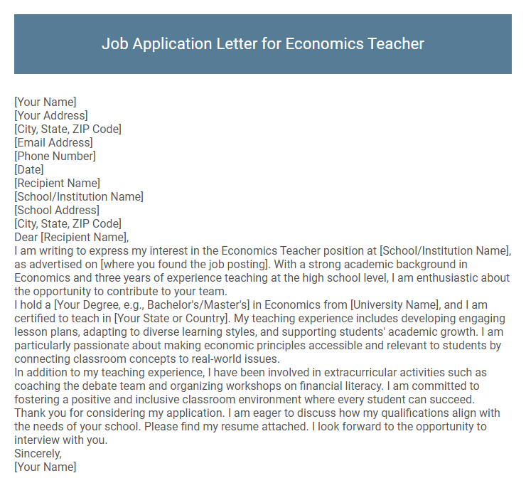 Job Application Letter for Economics Teacher