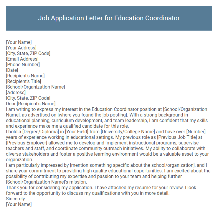 Job Application Letter for Education Coordinator