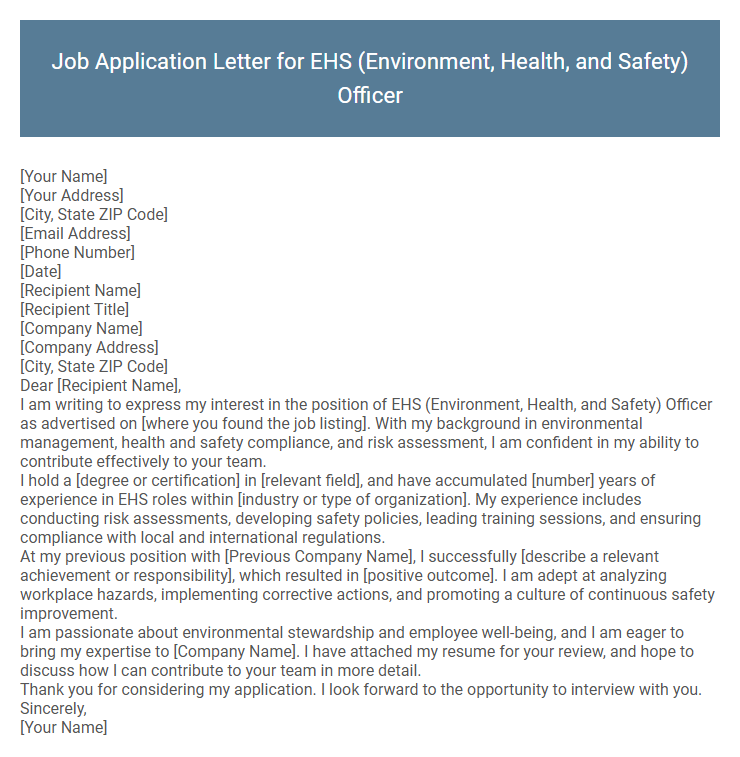 Job Application Letter for EHS (Environment, Health, and Safety) Officer
