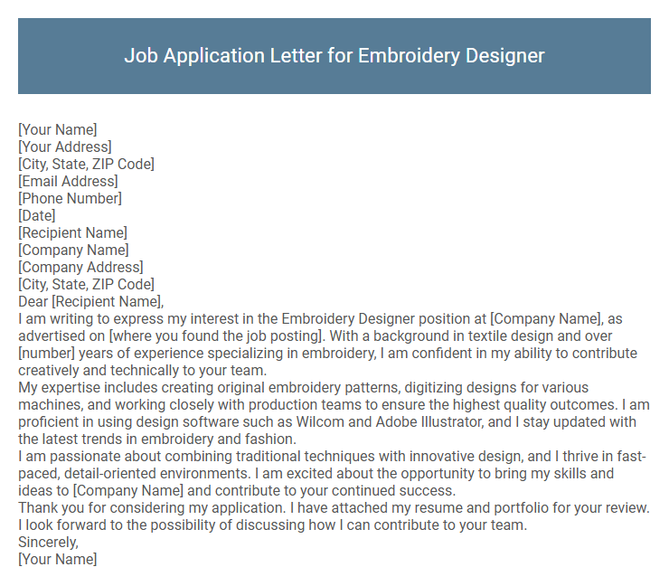 Job Application Letter for Embroidery Designer
