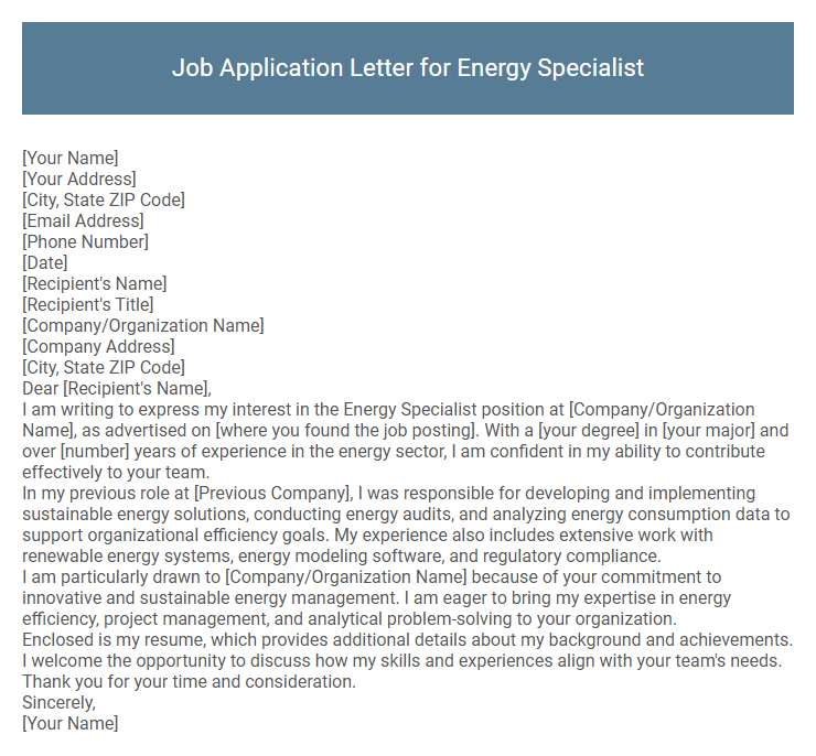 Job Application Letter for Energy Specialist