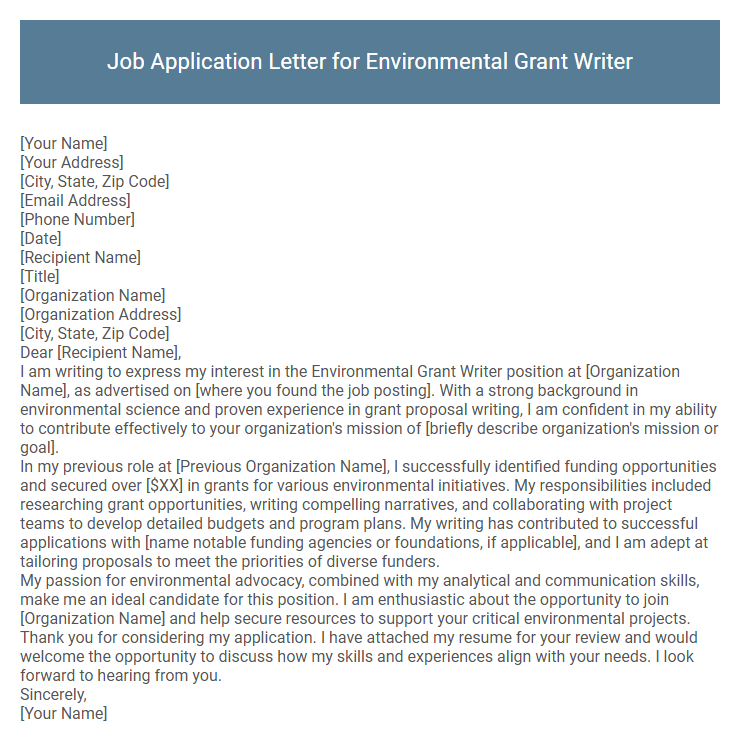 Job Application Letter for Environmental Grant Writer
