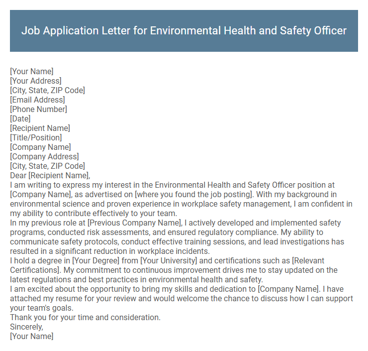 Job Application Letter for Environmental Health and Safety Officer