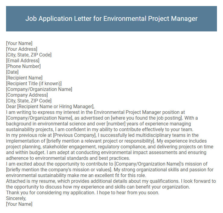 Job Application Letter for Environmental Project Manager