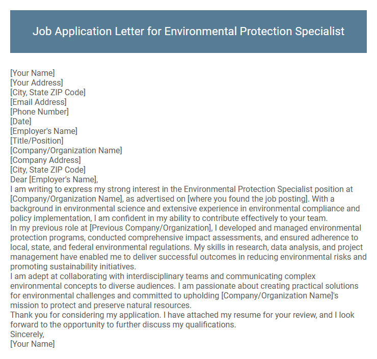 Job Application Letter for Environmental Protection Specialist