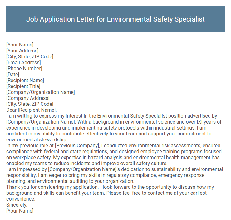 Job Application Letter for Environmental Safety Specialist