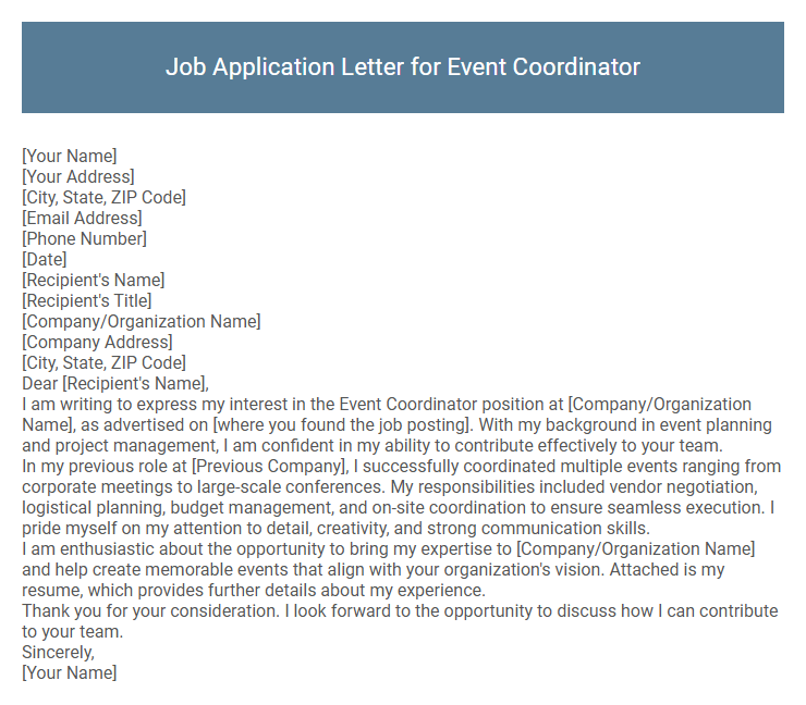 Job Application Letter for Event Coordinator