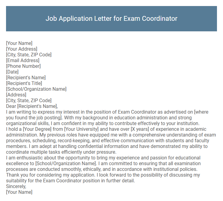 Job Application Letter for Exam Coordinator