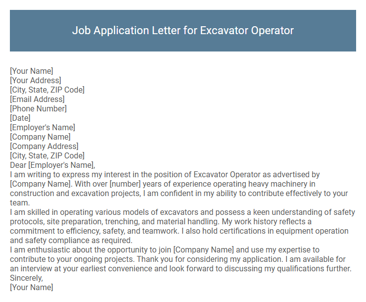Job Application Letter for Excavator Operator