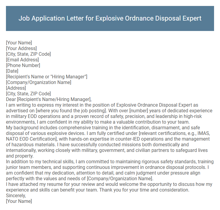 Job Application Letter for Explosive Ordnance Disposal Expert